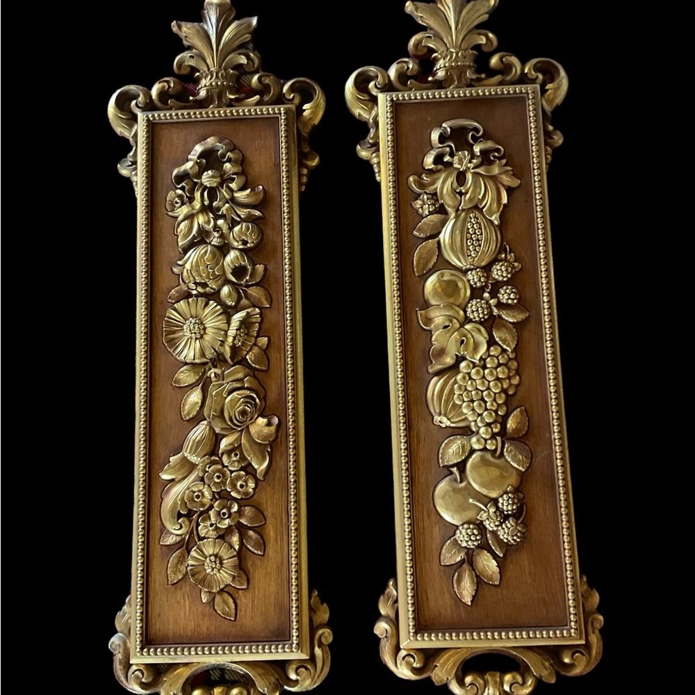 Vintage Syroco Gold Flowers And Fruits Wall Plaques
